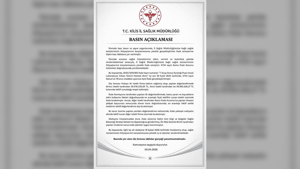 Kilis İl Sağlık Müdürlüğü'nden İhale Süreci Açıklaması: İddialara Yanıt