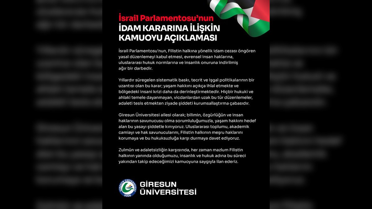 Giresun Üniversitesi'nden İsrail Parlamentosu'nun İdam Kararına Sert Tepki