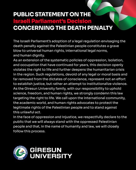 Giresun Üniversitesi'nden İsrail Parlamentosu'nun İdam Kararına Sert Tepki - Görsel 2
