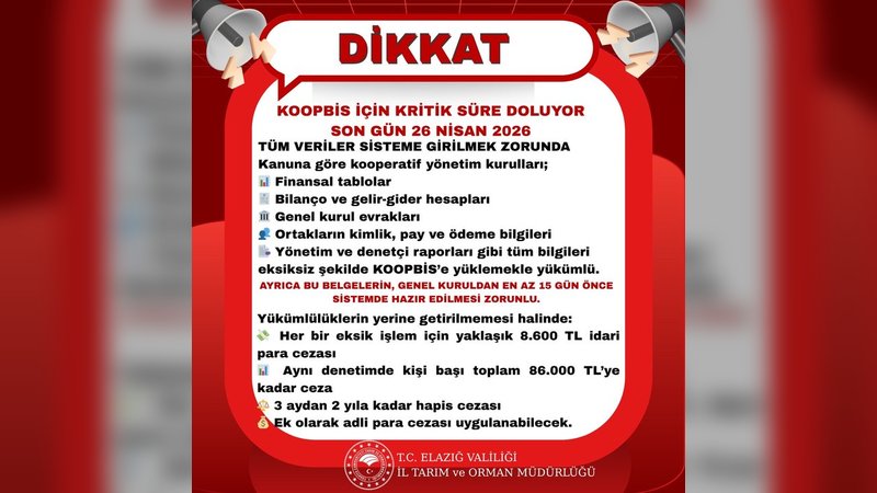 Elazığ İl Tarım ve Orman Müdürlüğü: KOOPBİS Son Başvuru Tarihi 26 Nisan 2026