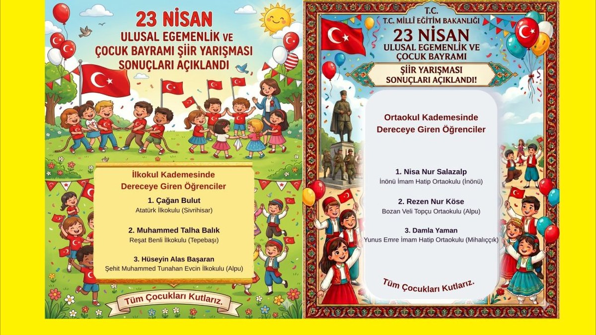 Eskişehir İl Milli Eğitim Müdürlüğü'nden 23 Nisan Şiir Yarışması Sonuçları Açıklandı