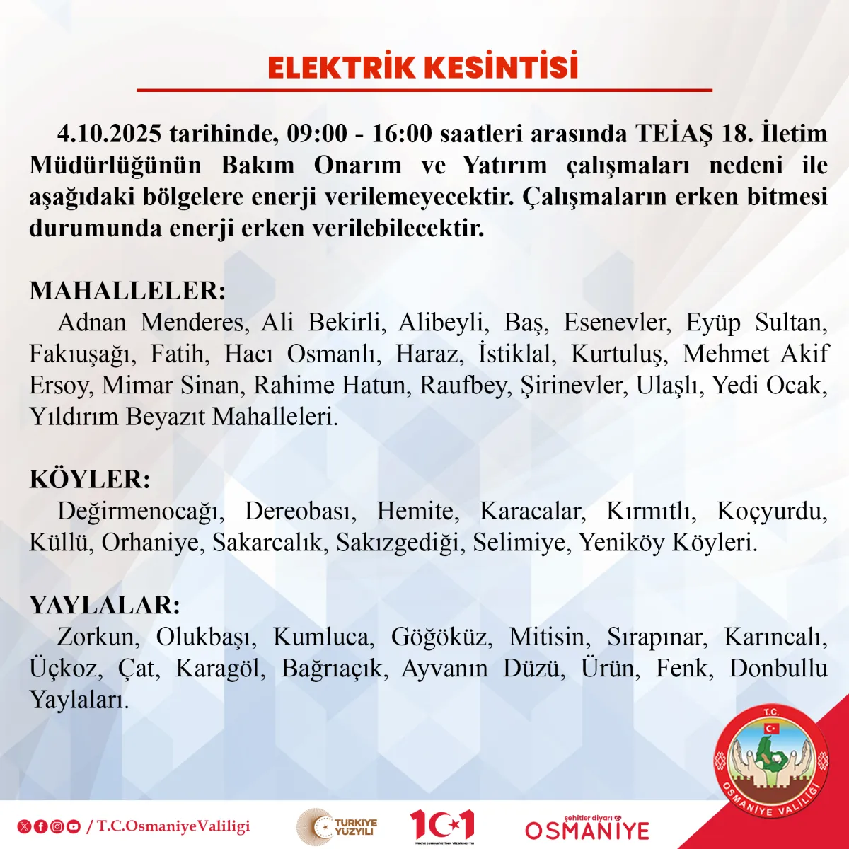 Osmaniye'de Elektrik Kesintisi: TEİAŞ Çalışmaları Nedeniyle Planlı Kesinti Duyurusu