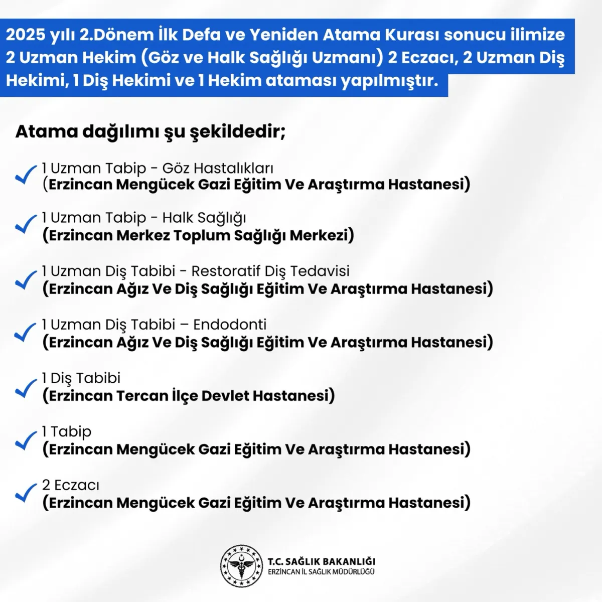 Erzincan'a Yeni Sağlık Çalışanları Atandı: İl Sağlık Müdürlüğü'nden Açıklama