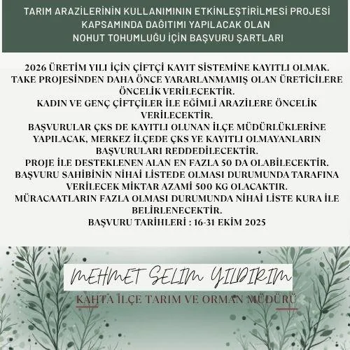 Kahta'da Tarım Arazilerini Etkinleştirme Projesi Kapsamında Nohut Tohumu Desteği