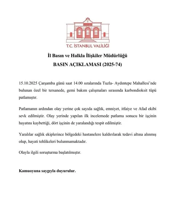 Tuzla Tersanesinde Karbondioksit Tüpü Patlaması: Valilikten Basın Açıklaması