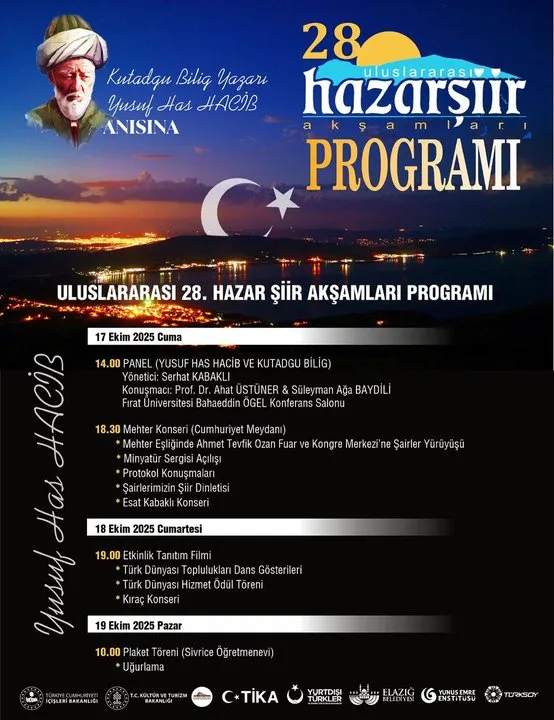 28. Uluslararası Hazar Şiir Akşamları Elazığ'da Yusuf Has Hacip Anısına Düzenlenecek