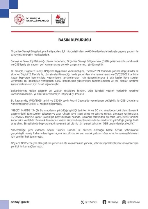 Sanayi ve Teknoloji Bakanlığı OSB Yatırımları İçin Süreleri Uzattı