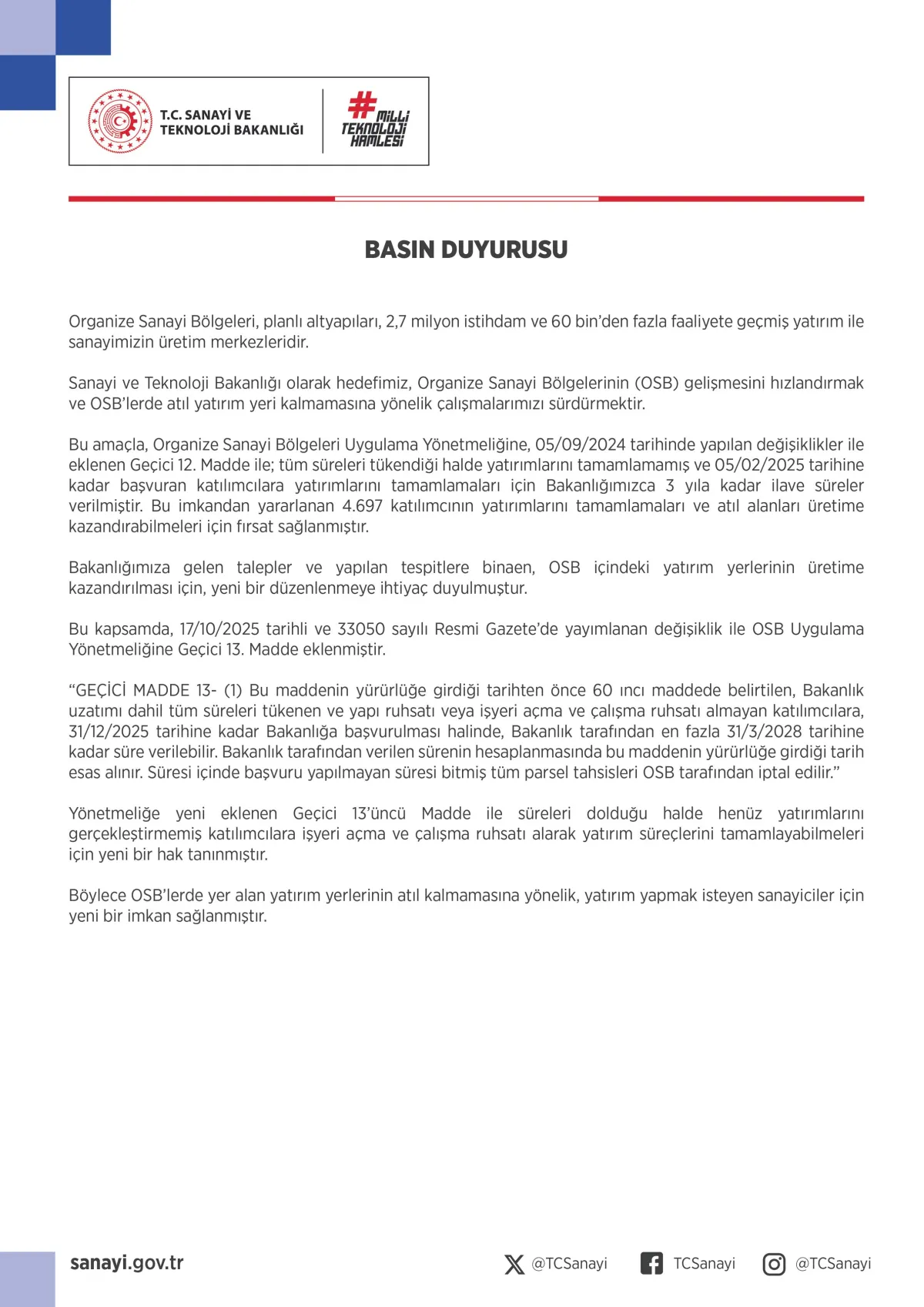 Sanayi ve Teknoloji Bakanlığı OSB Yatırımları İçin Süreleri Uzattı