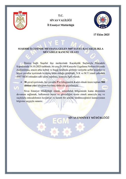 Sivas'ta 5607 Sayılı Kanun Kapsamında Kaçakçılık Operasyonu Gerçekleştirildi