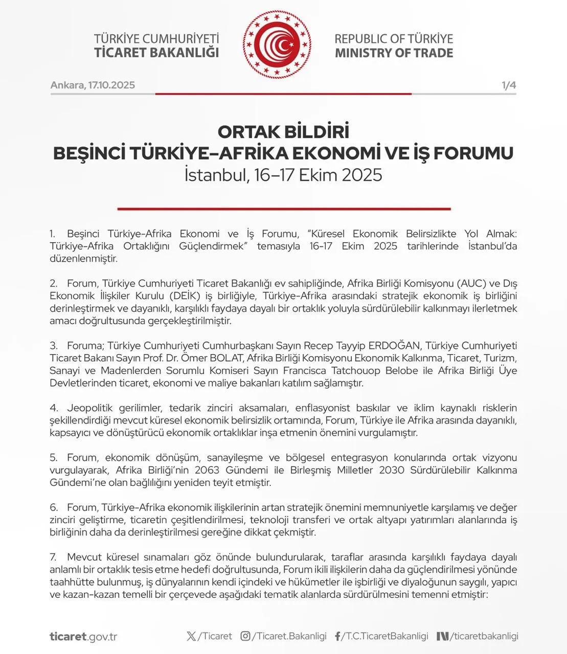 Ticaret Bakanlığı'ndan Türkiye-Afrika Ekonomi ve İş Forumu Ortak Bildirisi