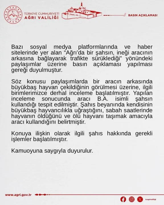 Ağrı'da Hayvan Trafikte Sürüklenmesi Skandalı Sonrası Valilik Açıklama Yaptı