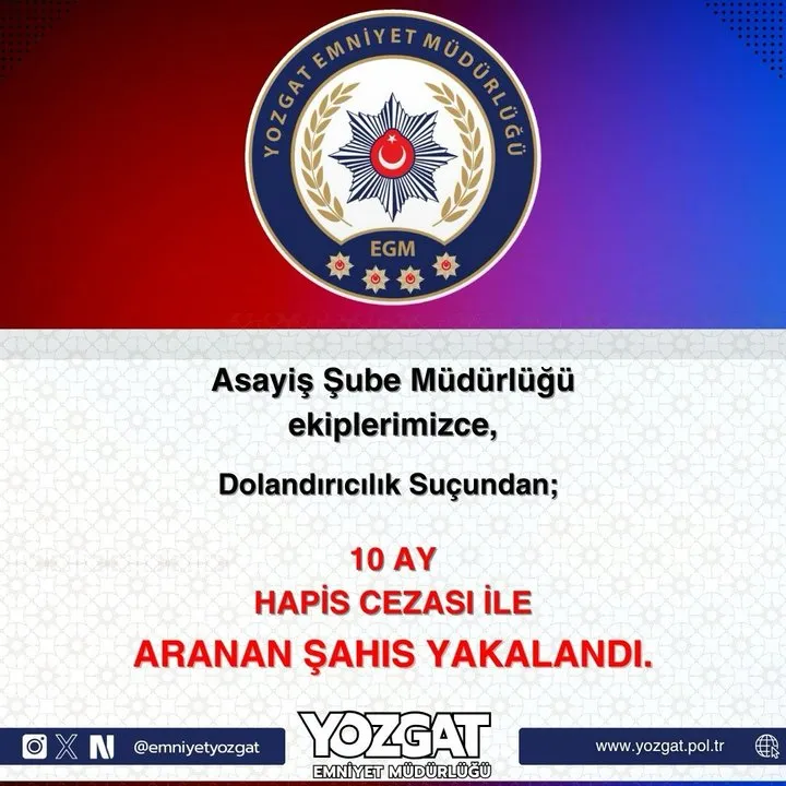 Yozgat'ta Aranan Şahıs Emniyet Müdürlüğü Operasyonuyla Yakalandı