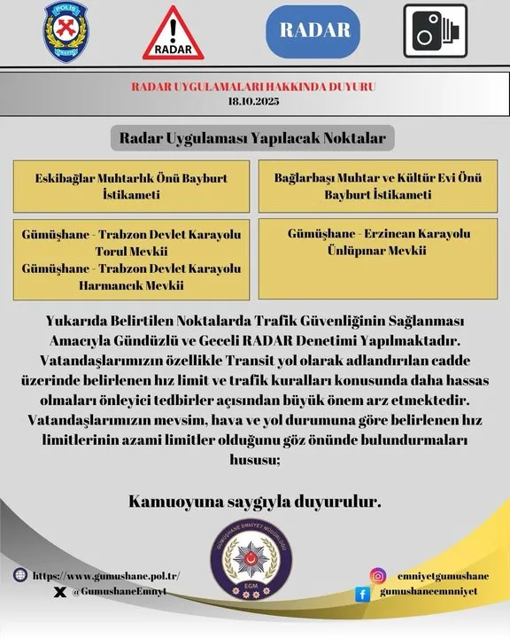 Gümüşhane Emniyeti'nden Yarın Trafik Radar Uygulaması Duyurusu