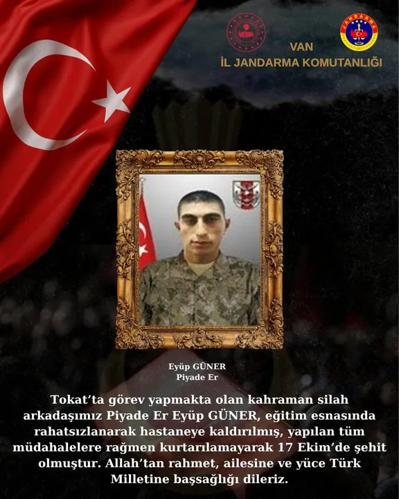 Van Jandarma'dan Tokat'ta Şehit Düşen Piyade Er Eyüp Güner İçin Başsağlığı Mesajı