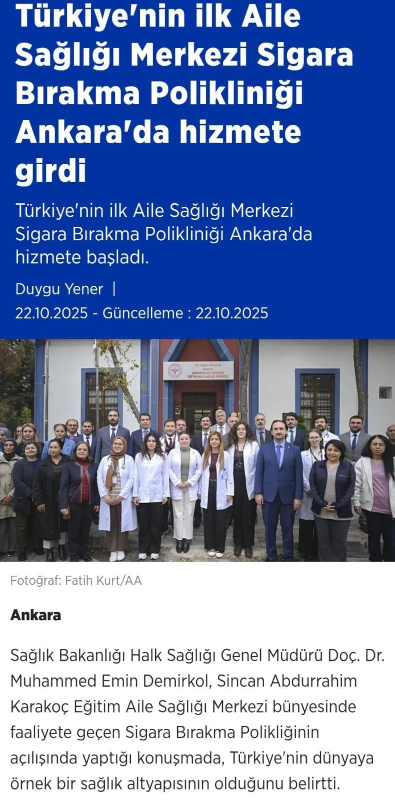 Sincan'da Türkiye'nin İlk Aile Sağlığı Merkezi Sigara Bırakma Polikliniği Açıldı