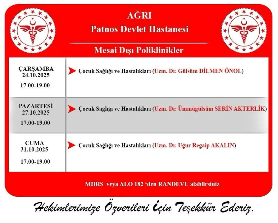 Ağrı Patnos Devlet Hastanesi'nde Ekim 2025 Mesai Dışı Poliklinik Hizmetleri
