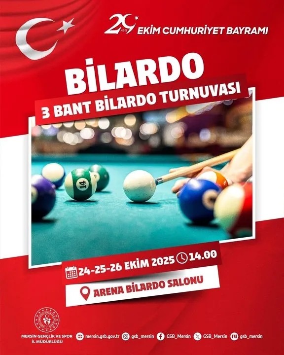 Mersin'de 3 Bant Bilardo Turnuvası Cumhuriyet Bayramı Coşkusuyla Başlıyor