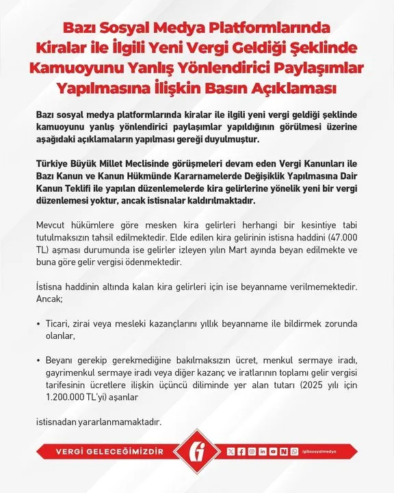 Gelir İdaresi Başkanlığı Kira Vergisi İddialarını Yalanladı: Yanlış Bilgilendirmeye Tepki