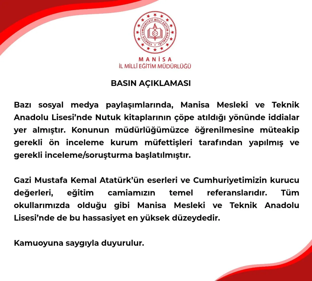 Manisa İl Millî Eğitim Müdürlüğü'nden Nutuk İddialarına Soruşturma Açıklaması