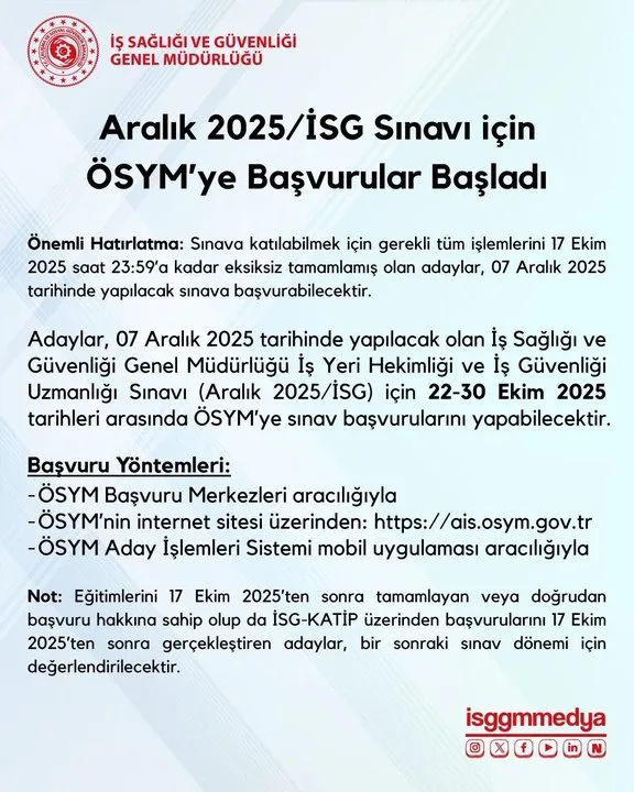 İSG Uzmanlığı ve İş Yeri Hekimliği Sınavı Başvuruları Başladı